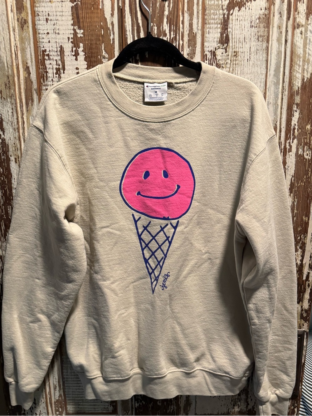 Limited edition Jeni’s Ice Cream Champion Sweatshirt with Pink Smiley Ice Cream
